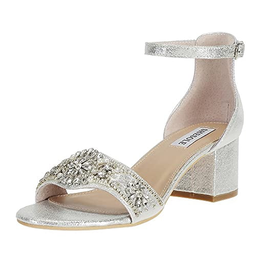 Shesole Women's Chunky Low Heels Strappy Sandals Sparkly Rhinestone Prom Bridal Wedding Shoes Silver Size 8