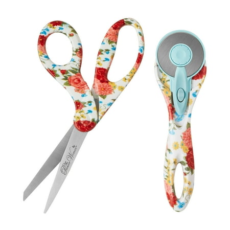 The Pioneer Woman White Sweet Rose 45mm Rotary & 8" Fashion Scissors Set, High School