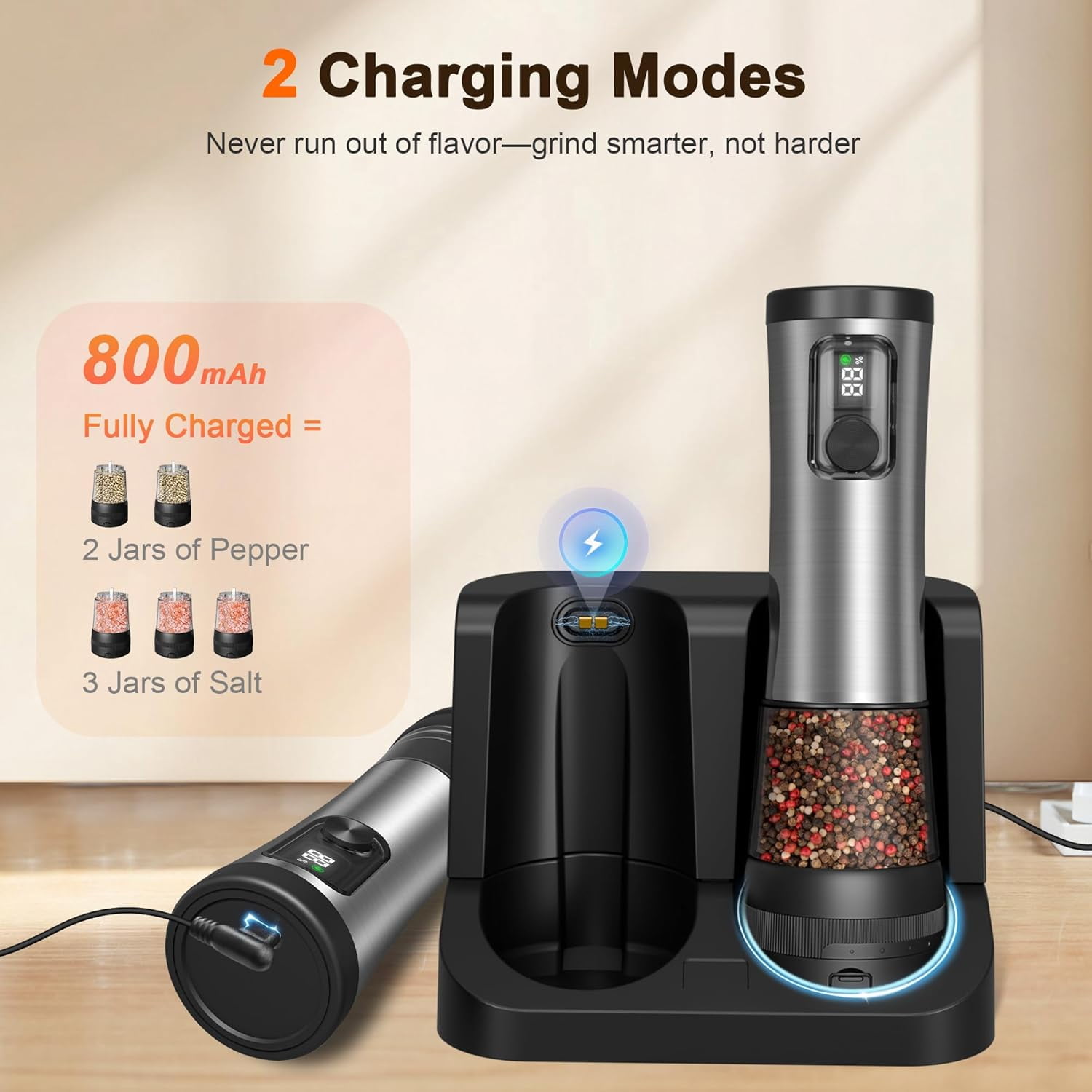 Electric Salt and Pepper Grinder Set - Automatic Rechargeable Pepper Mill with LED Battery Display & USB-C Charging Base, 5-Level Adjustable Coarseness Stainless Steel Spice Shakers for Kitchen, Dini