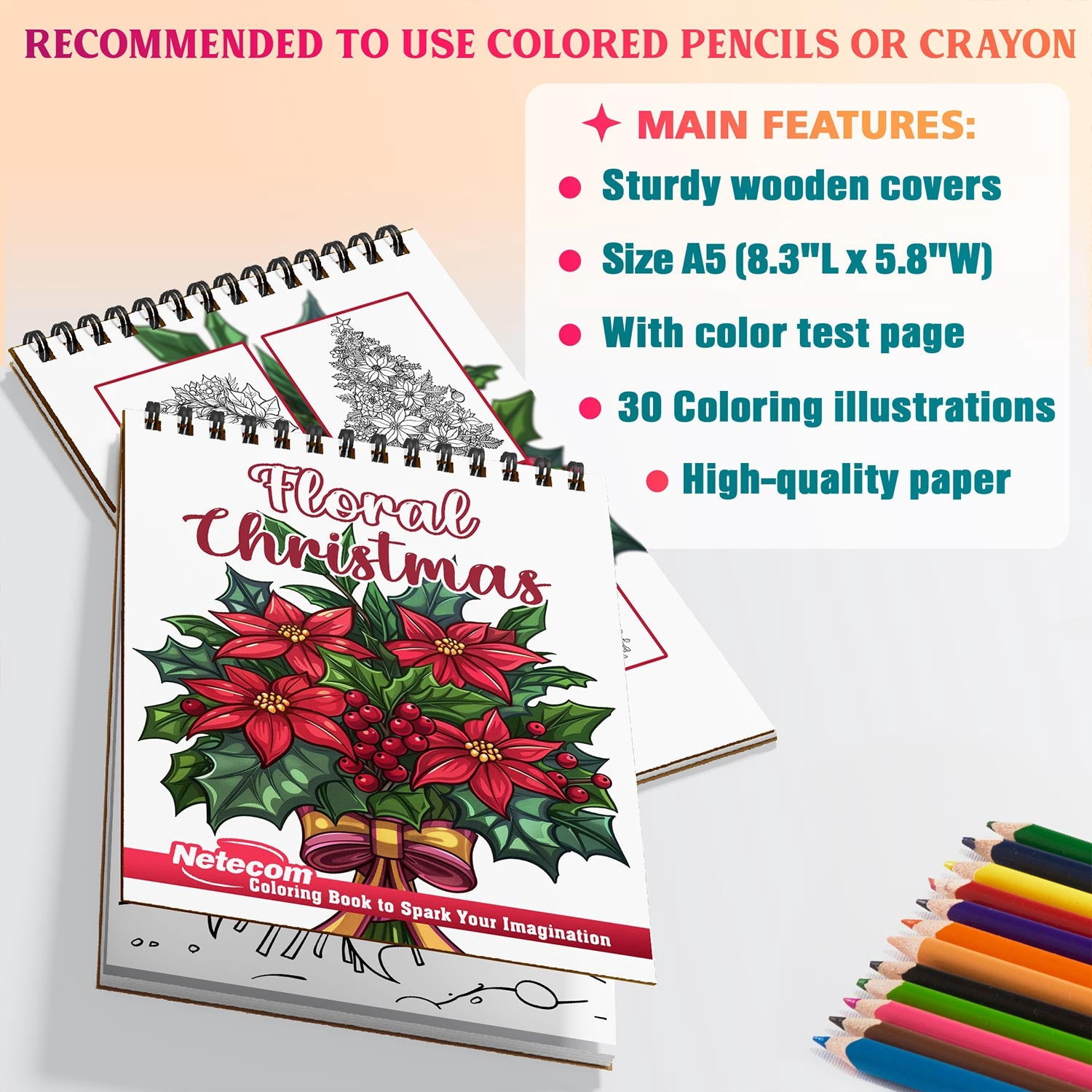 Netecom Floral Christmas Coloring Book Spiral Bound for Adults, A5 Wooden Cover, 30 Beautiful Coloring Pages of Xmas Flowers for Stress Relief and Relaxation