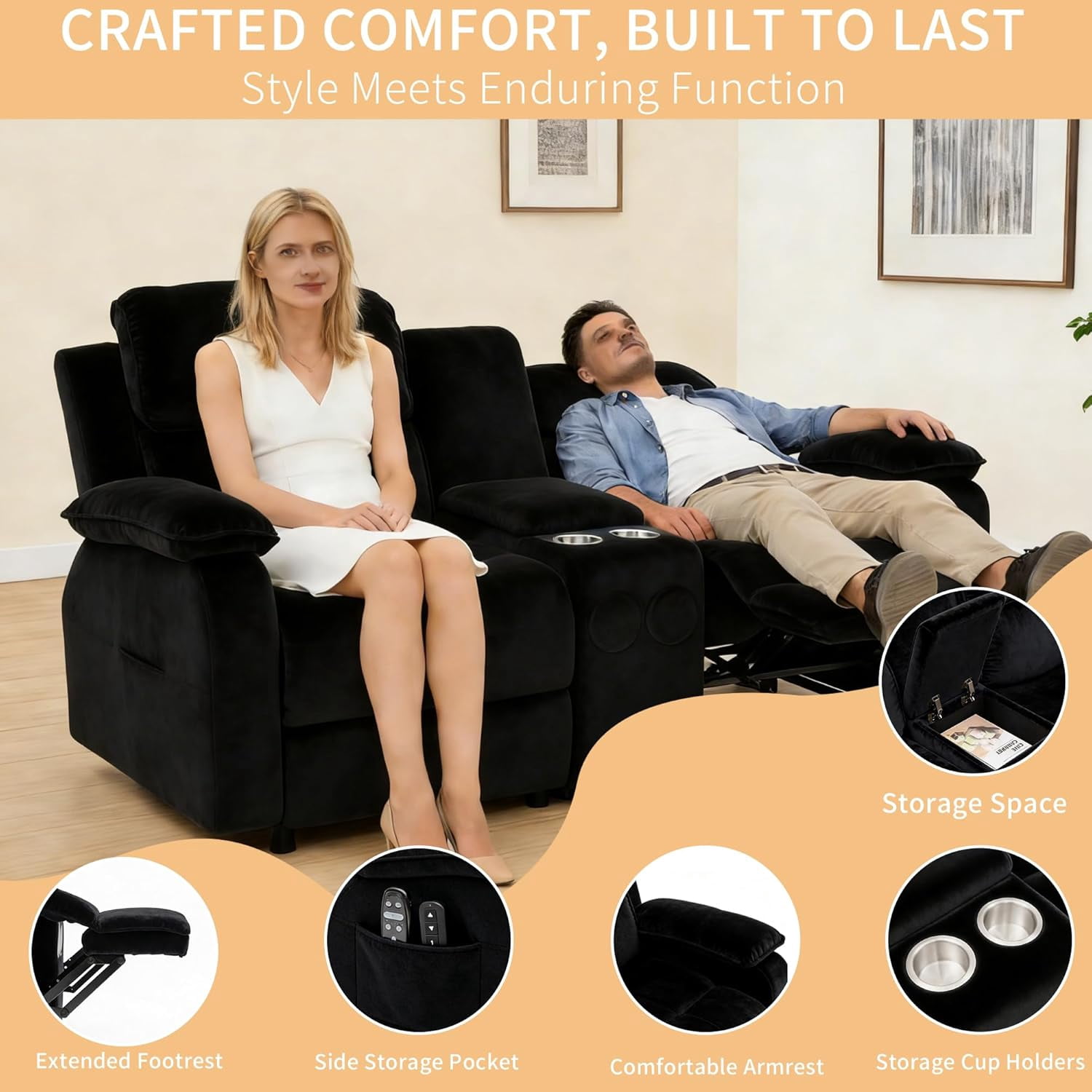 Electric Reclining Loveseat Sofa with 8-Point Vibration Massage, Bluetooth Speakers, Storage Console and Cup Holders for Living Room & Home Theater(Black, Loveseat)