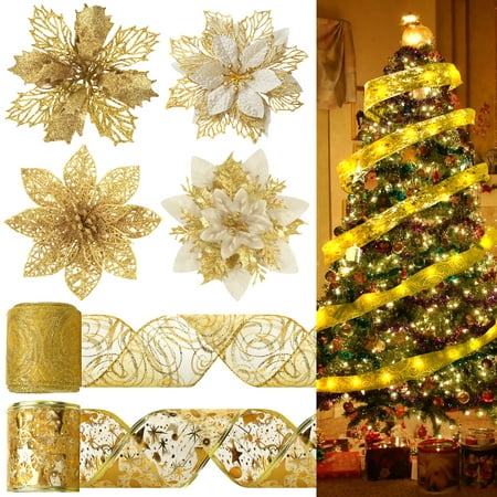 16 Pieces Christmas Glitter Poinsettia Flowers Classic Gold Glittered Swirls Satin Ribbon Artificial Xmas Flowers Wedding Christmas Tree Decoration New Year Ornaments (Gold)