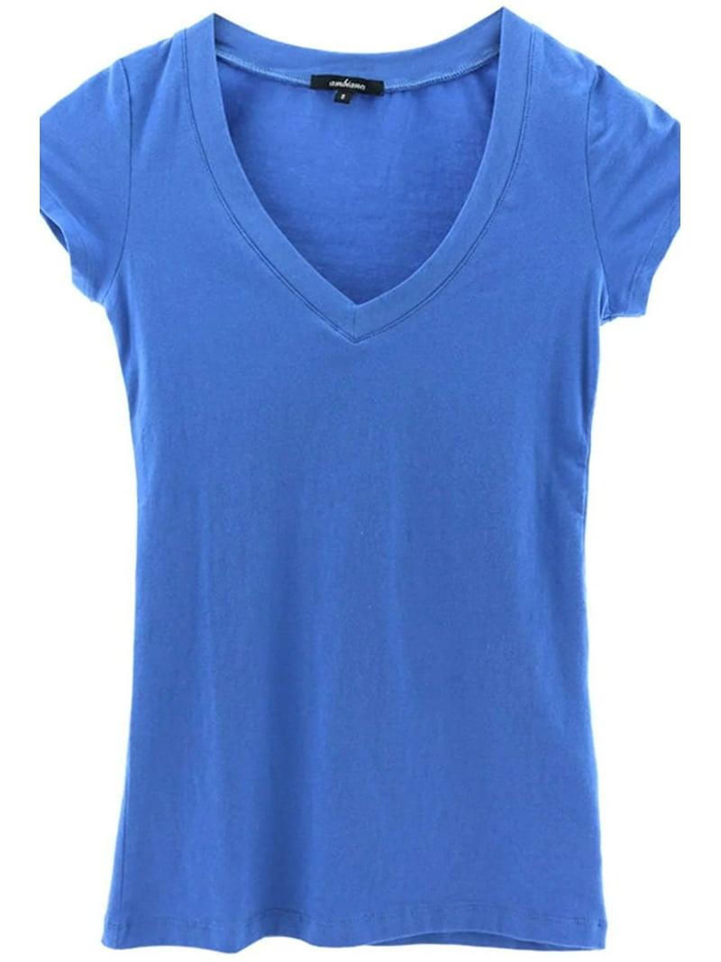 Elesomo Women's V-Neck Cotton T-Shirt - Soft Basic Tee In Airy Blue, Short/Long Sleeve, Size Small