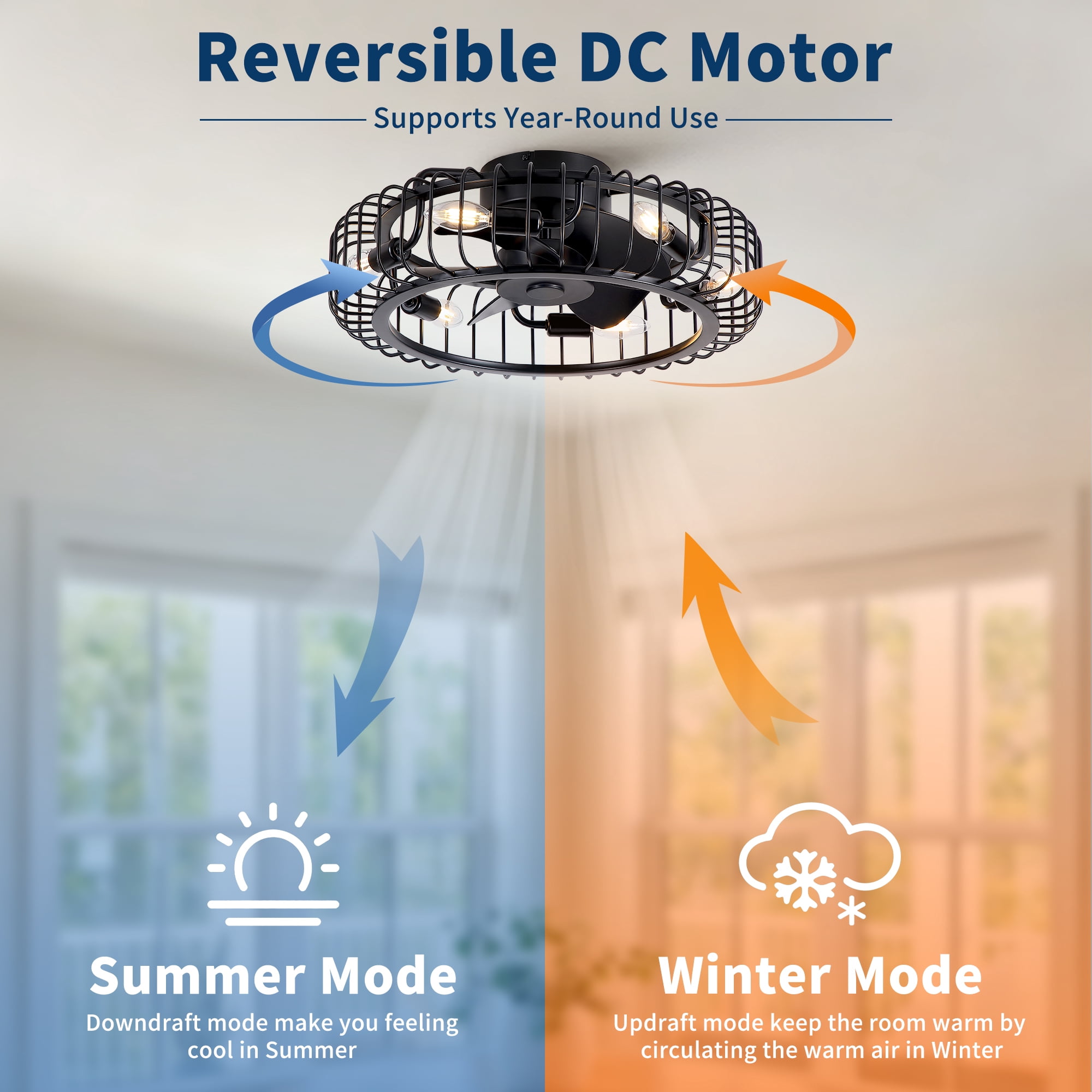 Leumius 20" Black Industrial Flush Mount Ceiling Fan with Lights, Low Profile Fandelier with E12 Sockets, Reversible DC Motor, 6 Speeds, Quiet Ceiling Fan for Bedroom Kitchen Dining Room Farmhouse