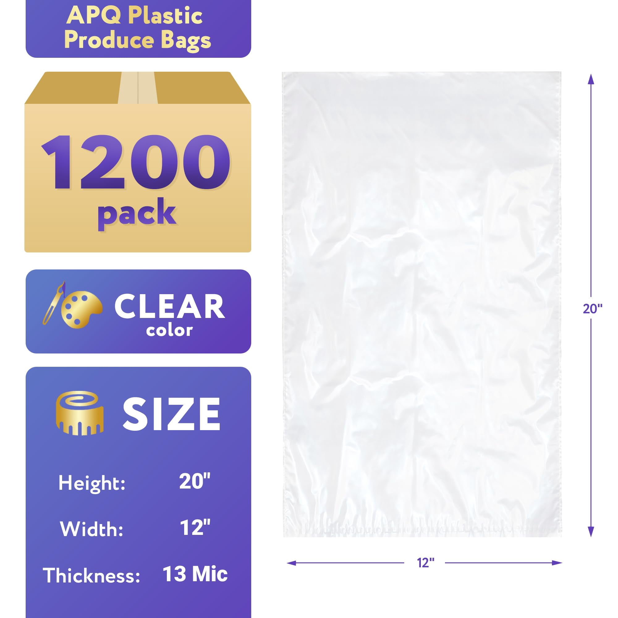 Plastic Produce Bags on Roll, 1200 count, 12 in x 20 in, Polyethylene, Clear, 10 mic
