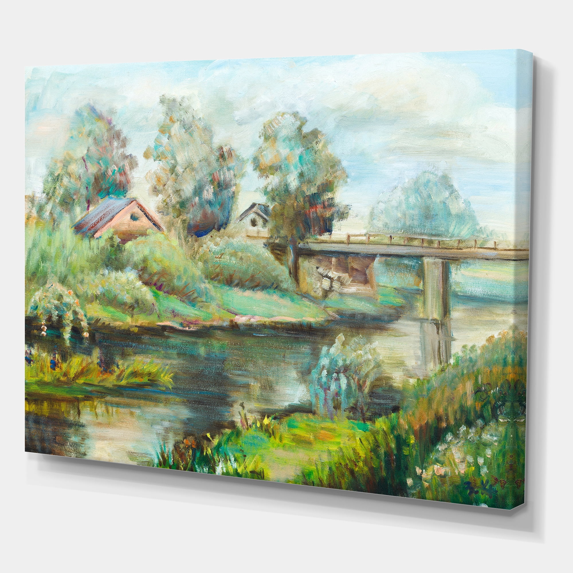 Designart ' Rustic Landscape With Bridge On The River ' Lake House Canvas Wall Art Print