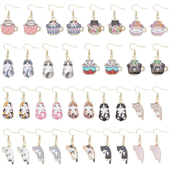18Pairs Animal Cat Dangle Earrings Set 304 Stainless Steel Cute Animal Cat Earrings Golden Aesthetic Cartoon Kitten Teacup Alloy Drop Dangling for DIY Women Party Cats Jewelry Gifts