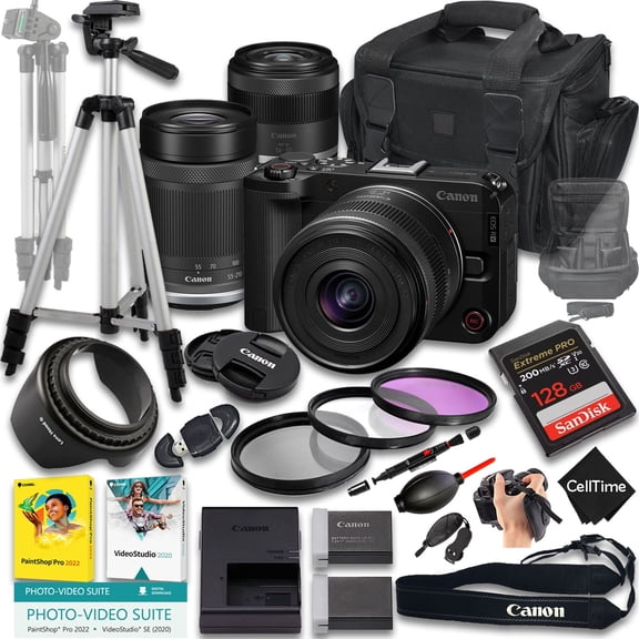 Canon EOS R50 V Mirrorless Camera with RF-S 14-30mm f/4-6.3 IS STM PZ And 55-210mm f/5-7.1 IS STM Lens   128GB Memory   Extra Battery   Tripod   More (22pc Bundle) (International Version)