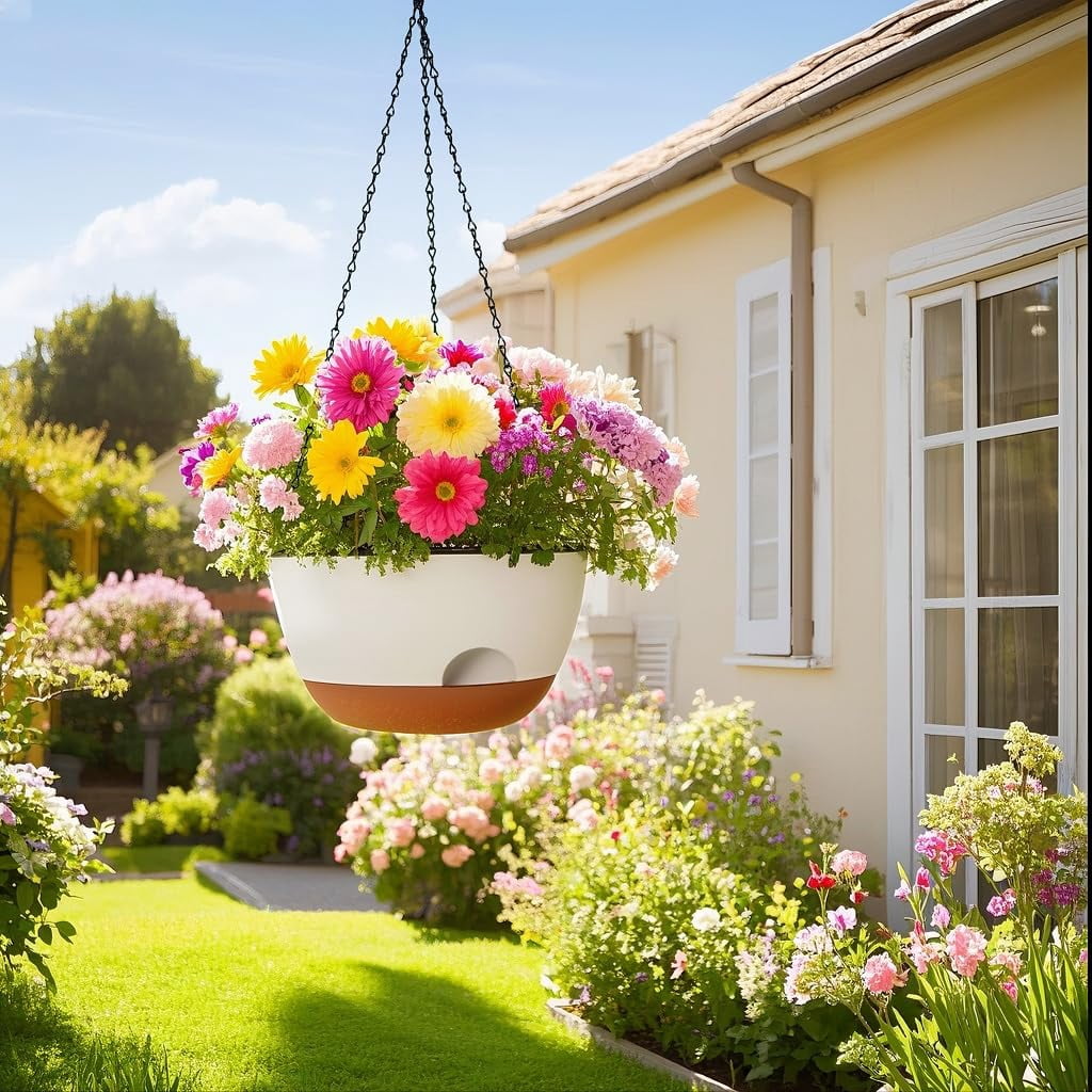 Hanging Planter, 12 Inch Self-Watering Hanging Planters for Indoor Outdoor Plants, Hanging Basket for Plants Flowers Outdoor (White)