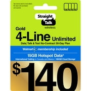 Straight Talk $140 Gold 4-Line Unlimited 30-Day Prepaid Plan, 15GB Hotspot Data, 100GB Cloud Storage & Int'l Calling e-PIN Top Up (Email Delivery)