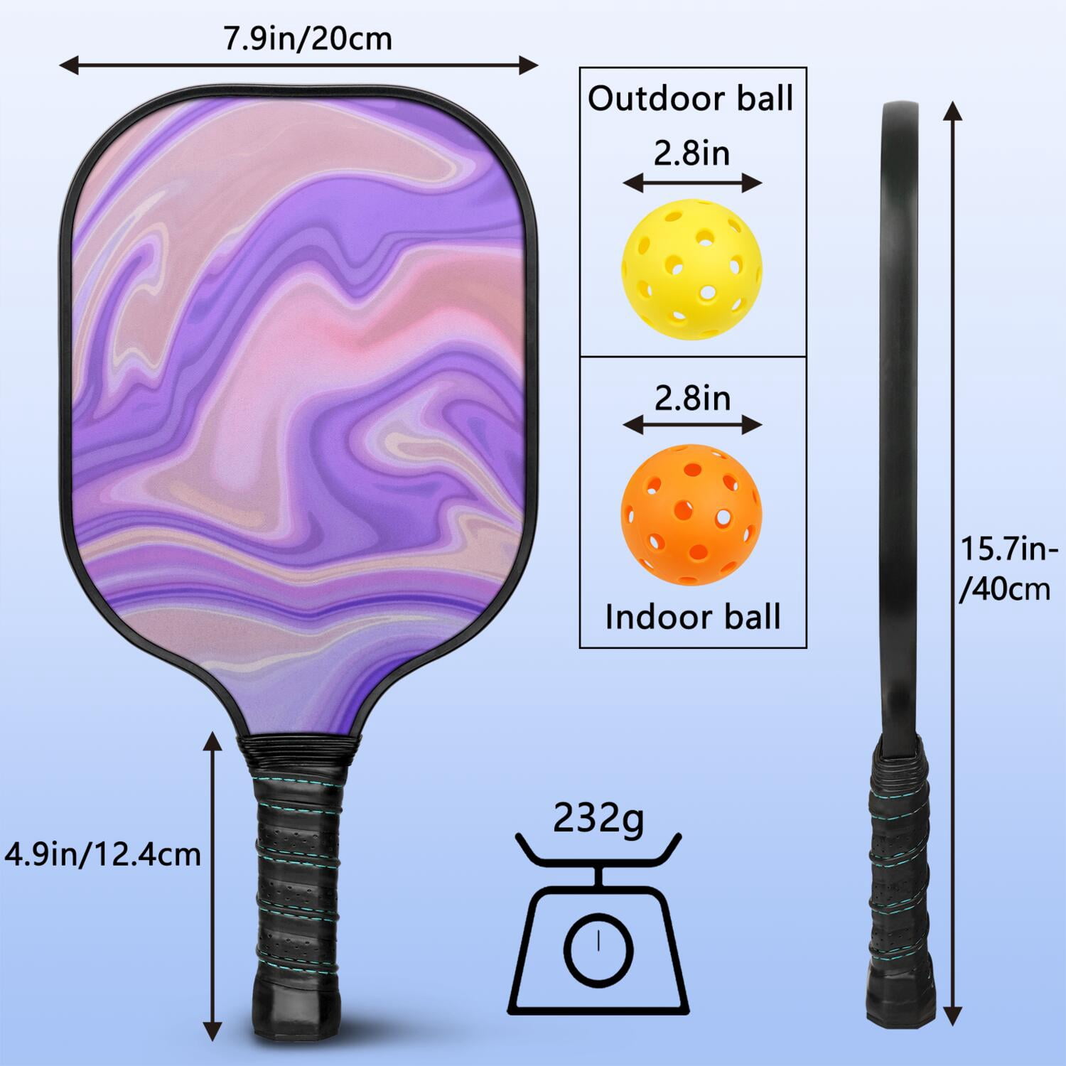 Pickleball Paddles Set Of 2, Fiberglass Surface, Liquid & Marble Print, 4 Balls & Bag