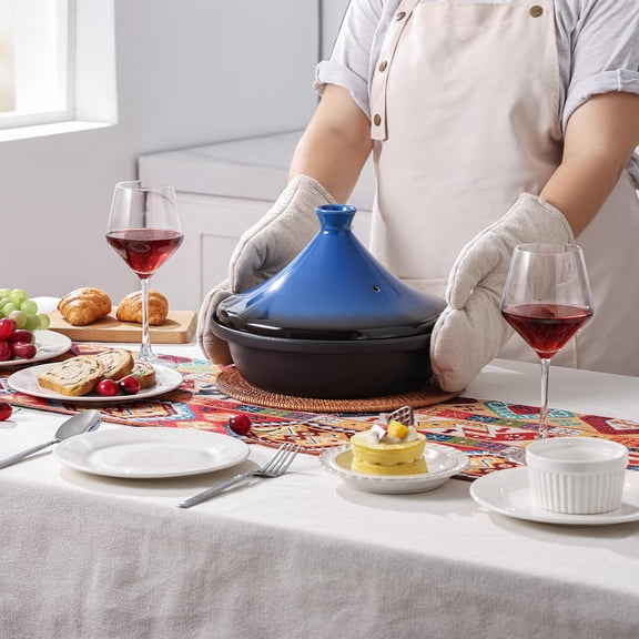 Moroccan Tagine for Cooking: Enameled Cast Iron Pot, Slow Cooker with Ceramic Cone Lid, 3.3 QT Blue