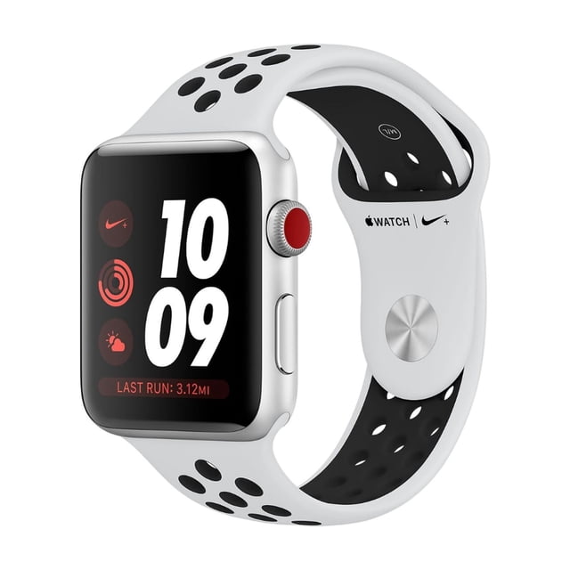 apple watch s3 nike (38mm) aluminio plata reacondicionado plateado 38 mm reloj inteligente reacondicionado en caja de aluminio plateada 38 mm, vista 3/4 frontal con pantalla activa de 1.5" (340 x 272), correa deportiva perforada blanca con interior negro, corona digital con borde rojo y botón lateral visibles; incluye sensores GPS, cardiaco y resistencia hasta 50 m; producto reacondicionado puede presentar rayas menores e incluye cargador alternativo.