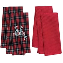 Set of 4, Red and Black Buffalo Plaid Quote Merry Christmas, 100% Cotton Herringbone Pattern and Red Waffle Weave Kitchen Towel / Tea Towels Soft and Absorbent Size: 16” x 28".