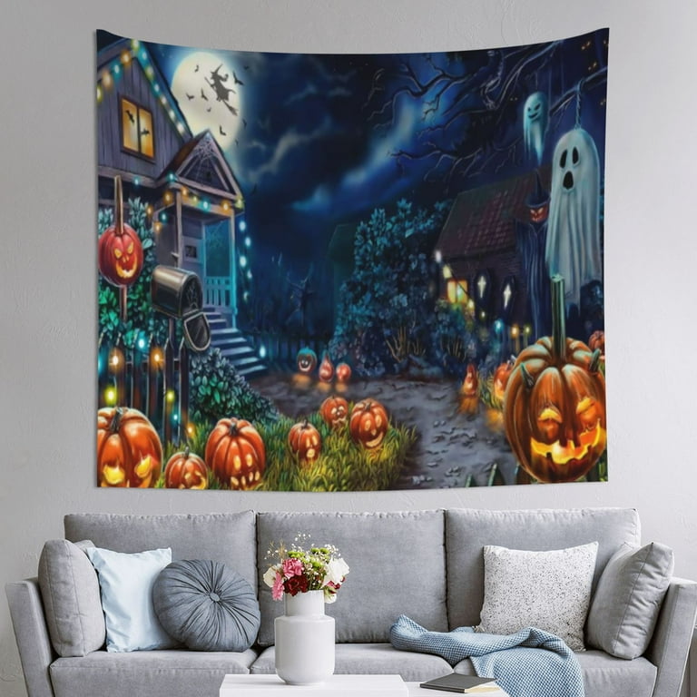 Halloween Tapestry Wall Hanging Scary Ghost on Tree Pumpkin