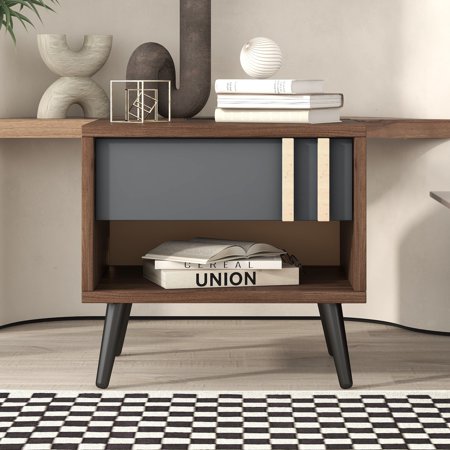 iRerts Nightstand with Charging Station, Modern End Side Table with Drawer, Black Handle and USB Charging Ports, Wood Night Stands Bedside Table for Bedroom Living Room, Walnut