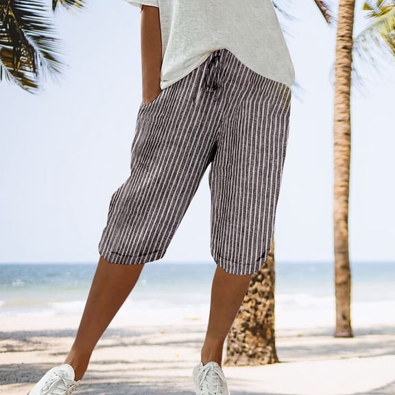 Yellow Women's Shorts, Women'S Elastic Waist Striped Casual Short Pants Loose Cotton And Linen Shorts,Women's Shorts XL