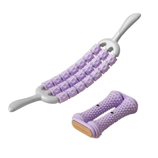 Rodillo de masaje relajante muscular de mano con doble rueda, herramienta de masaje de pies para piernas, interiores, brazos, glúteos y gimnasio. Púrpura