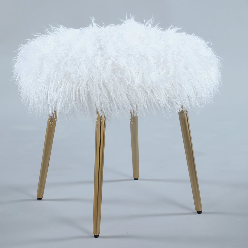 Roundhill Furniture Ravni Faux Fur Accent Ottoman in White/Rose Gold Legs