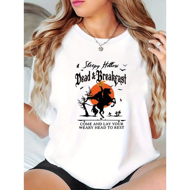 Women's Casual Halloween Pumpkin Graphic Tee - Crew Neck, Short Sleeve, Stretchy Polyester Blend, Machine Washable - Perfect for Summer & Holiday Comfort