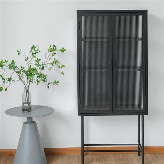 Direct Wicker DW-DC55-BK-GD Modern Solid Color Matte Glass Storage Cabinet with Adjustable Shelves, Black