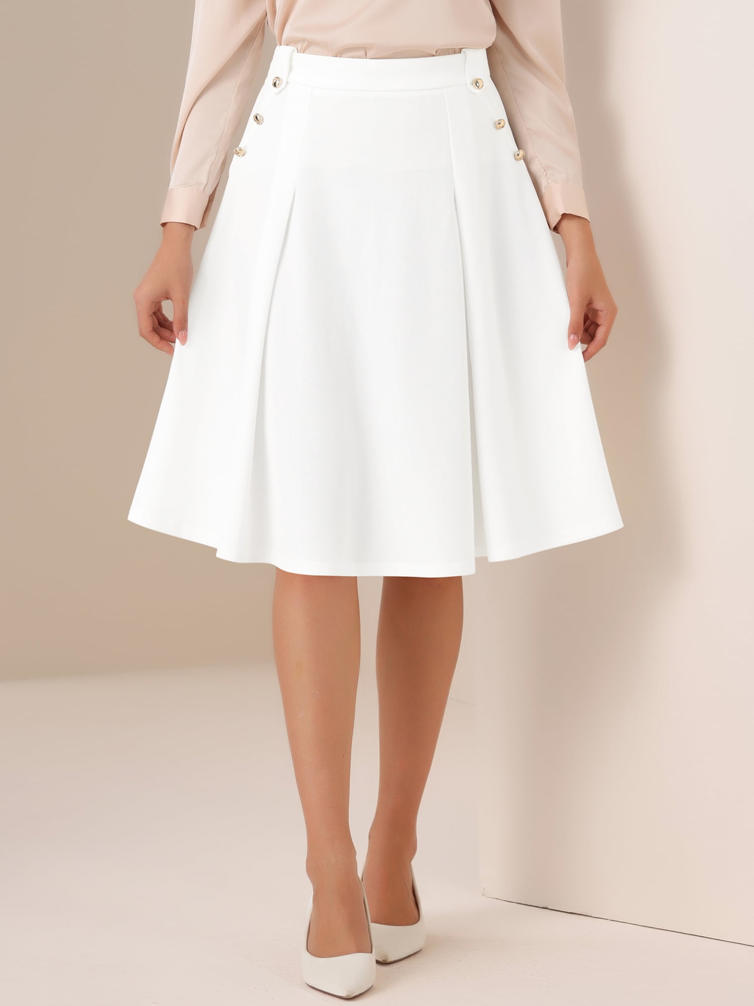DARING DIVA Women's Button Decor Flared Midi Skirt M White
