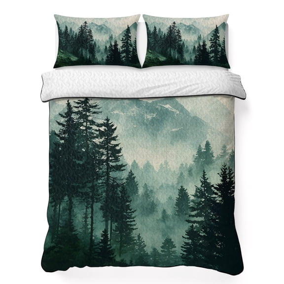 Quilts Full Size Bedding Set, Dark Green Forest Lightweight Quilted Comforter, Nature Mountain Pine Tree Vintage Soft Reversible Bedspread Coverlet with Pillow Covers for All Season, 78" x 90"