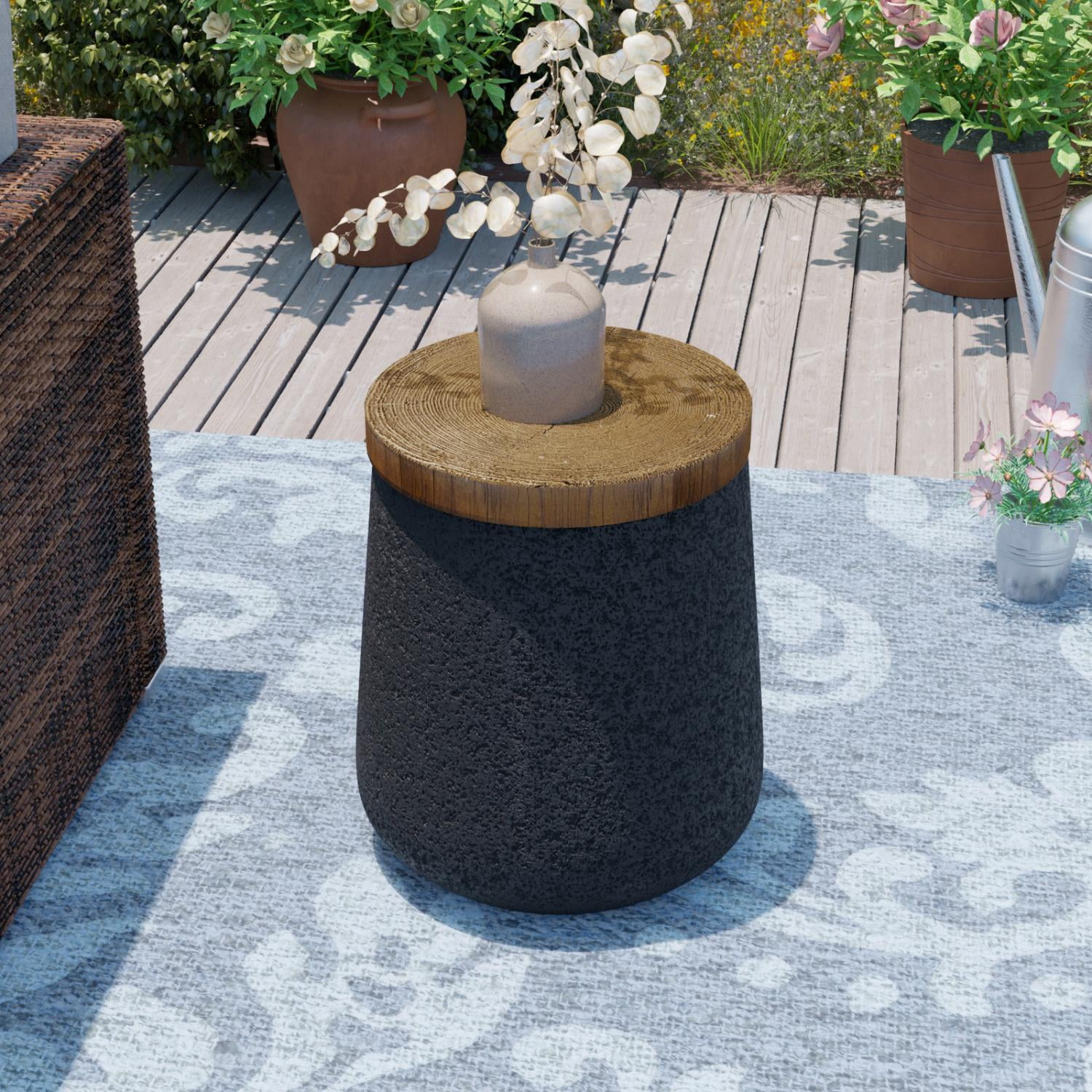 VENTOPYR Concrete Outdoor Side Table with Wood Grain Top,Small Cylinder Shaped Round Accent End Table for Patio, Garden,Black