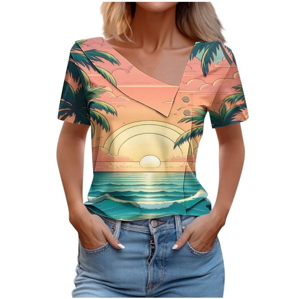 Top de Verano Mujeres Cuello en V Casual Manga Corta Primavera Y Top de Verano, Tops Cortos para Mujeres