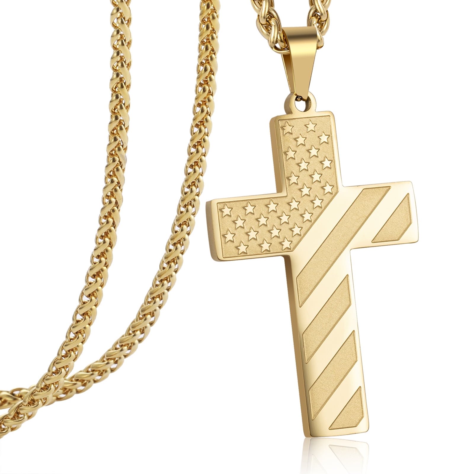 APSVO Gold Cross Necklace for Men Bible Verse Stainless Steel Cross Pendant Chain American Flag Necklaces Religious Christian Jewelry Gifts