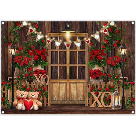 Valentine's Day Polyester Photography Backdrop Barn Door Red Rose Wooden Background Heart Bear Love Party Supplies Photo Booth Props