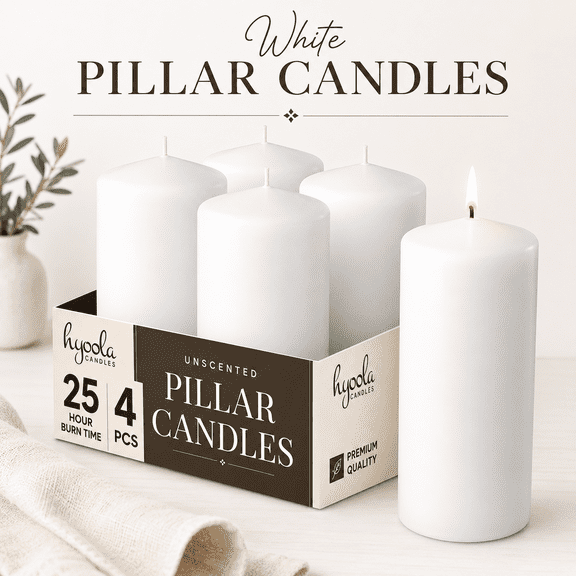 Hyoola 2" x 4" White Pillar Candles, 4 Pack, 25 Hour Burn Time, Dripless & Unscented, European Made with Smokeless Cotton Wicks for Weddings, Centerpieces, Events, Church & Home Decor
