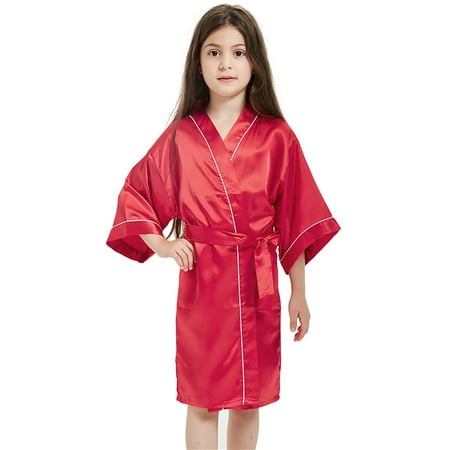 Elegyee Girls Silk Satin Kimono Robe Pajama Bathrobe Kids Sleepwear Size 7-8