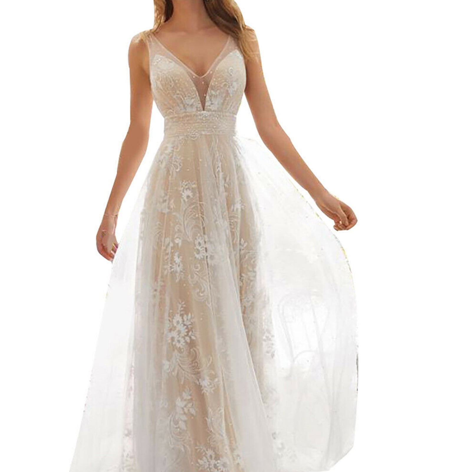 Bride Wedding Dresses with Lace Appliques V Neck Bridal Gown Elegant for Women