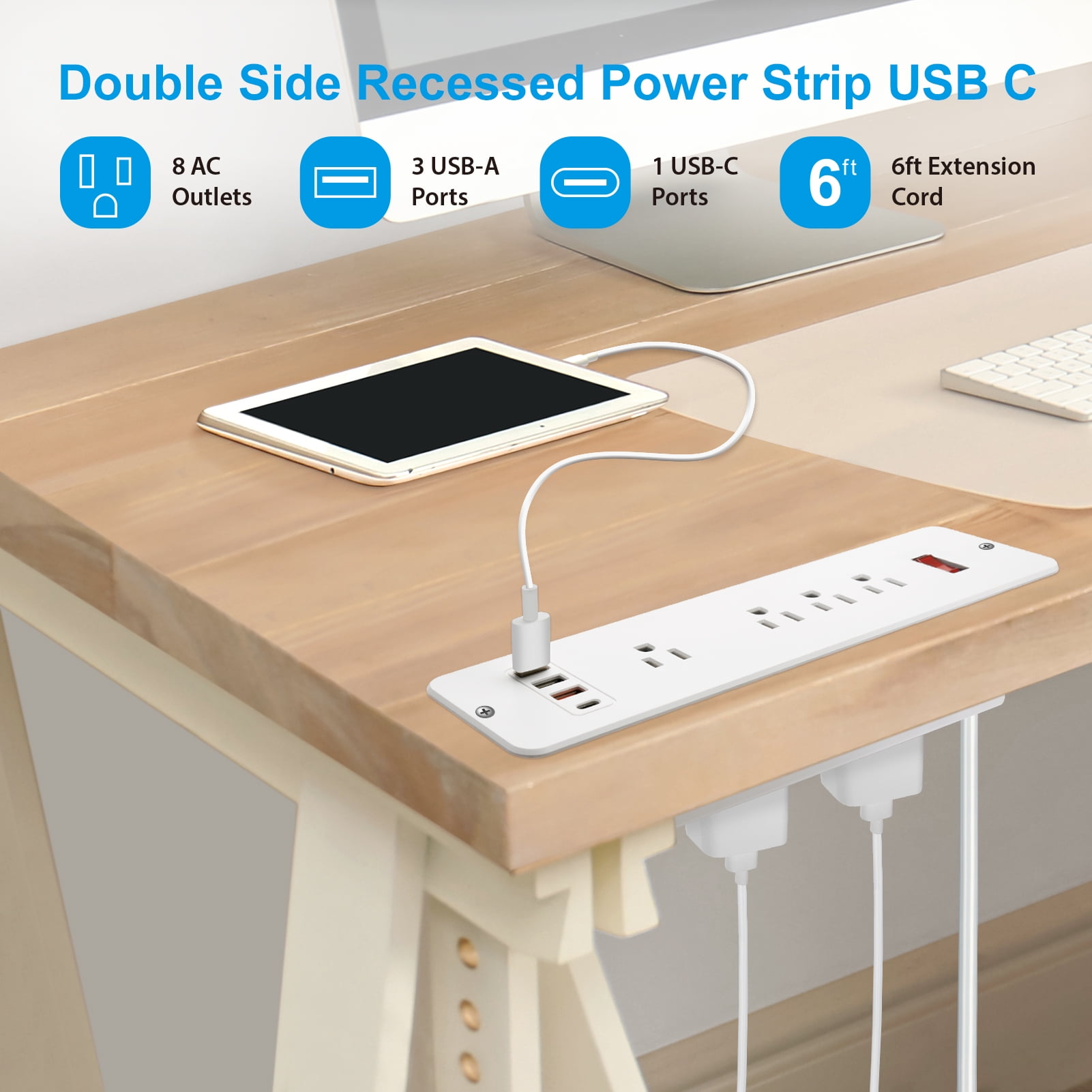 8 Outlets Double Side Recessed Power Strip with USB C PD 20W, Flush Mount Fast Charge Desktop Power Extender Built in Under Desk Multiple Power Outlets Flat Plug for Furniture Table Conference