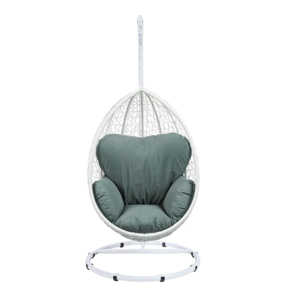 Metal Patio Swing Chair with Cushioned Seating and Round Base, White and Gray