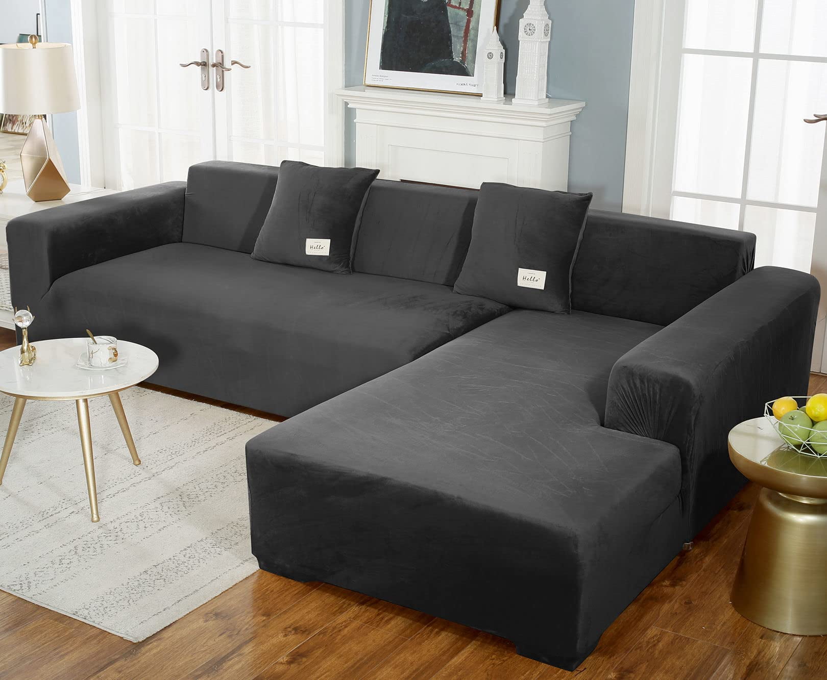 Sectional Couch Covers, Stretch Sofa Cover Velvet L-Shaped Sofa Cover Soft Non Slip Furniture Protector for Corner Sofa-Pink-3 Seater+3 Seater