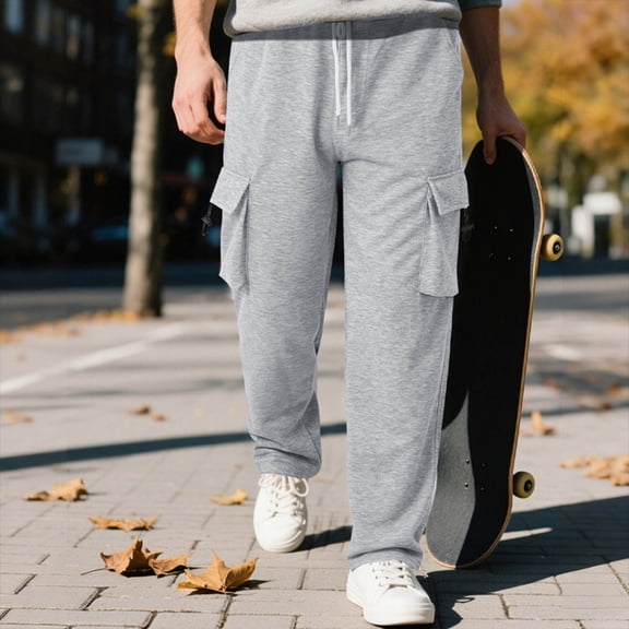 PNTUTB Men's Solid Color Athletic Casual Comfortable Elastic Waist Drawstring Straight Leg Multi-Pocket Work Pants