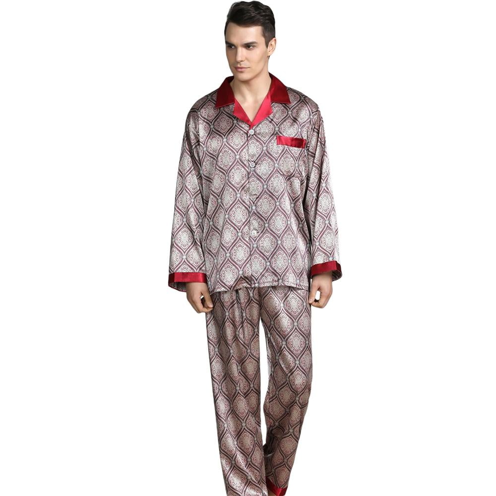 Pajamas Set Mens Silk Satin Pajamas Long Sleeve Loungewear Two-Piece Sleepwear Button-Down Pj Set Color : Black, Size : S