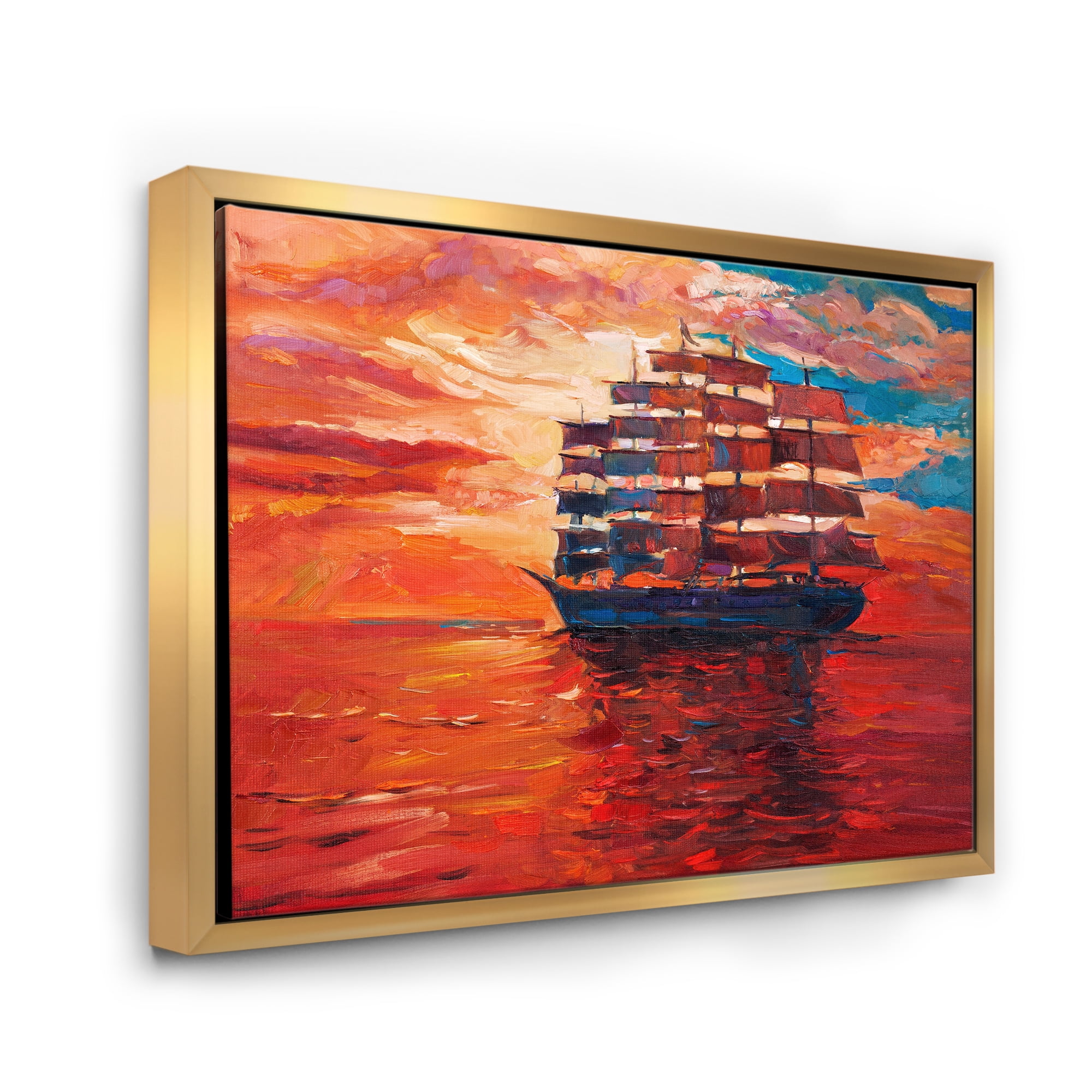Designart 'Frigat During Red Evening Glow On The Ocean Horizon' Nautical & Coastal Framed Canvas Wall Art Print