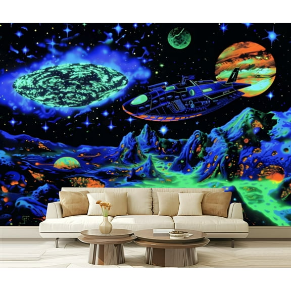Peel and Stick Wallpaper Canvas Blacklight Starship Technicolor Galaxy UV Reactive Wall Art Modern Art Wall Mural Decor Self Adhesive and Removable 69in x 98in