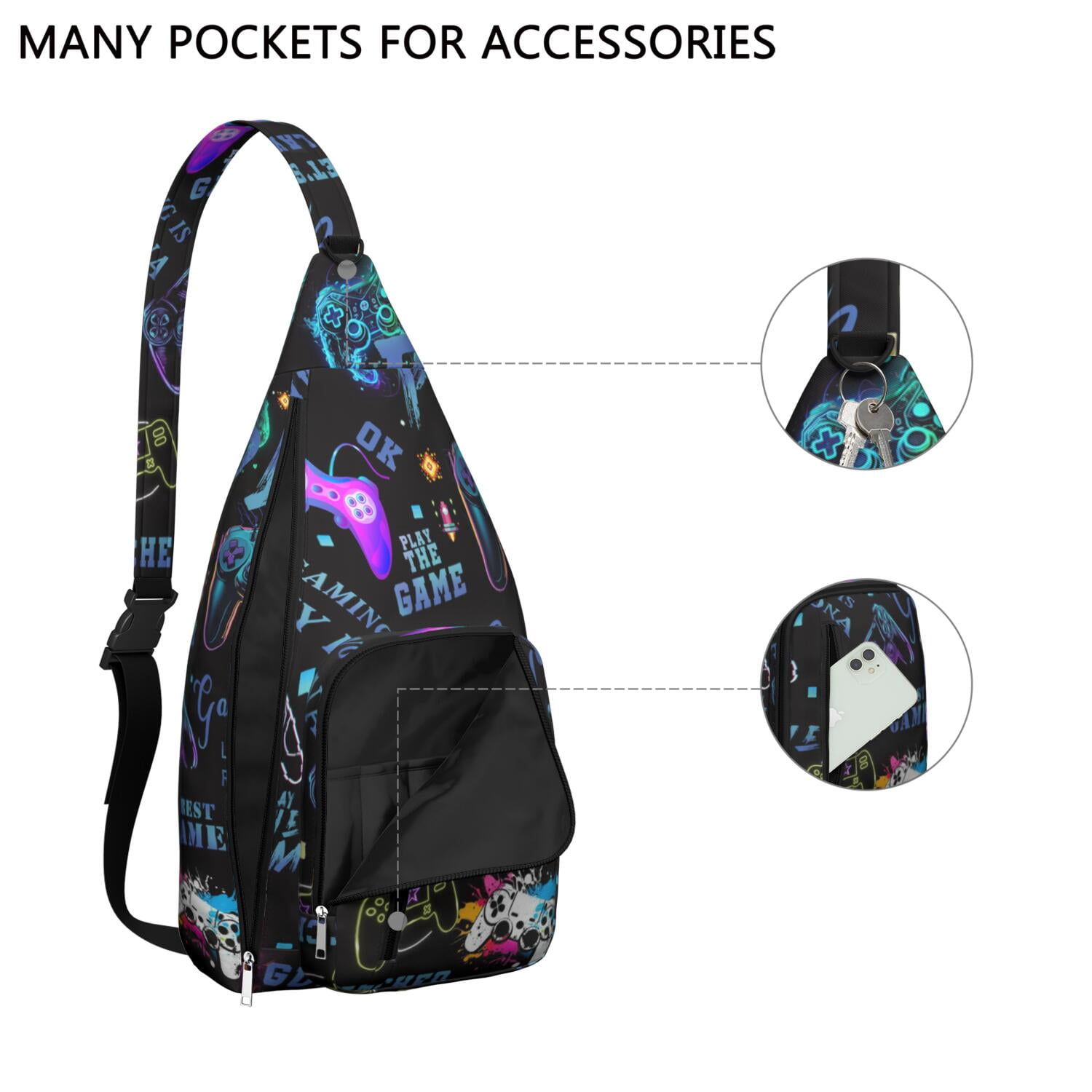 Gaming Controller Print Sling Bag&nbsp;- Cool Retro Joystick Pattern Crossbody Backpack for Gamers, Water-Resistant Shoulder Pack (Colorful Graffiti Design, Lightweight & Durable)