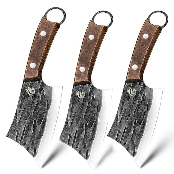 Ensemble de 3 Couteaux de Boucher Forgés, Couteau Désosseur Pleine Soie de 4 Pouces, Coupe-Hachage pour Os, Poulet, Acier à Haute Teneur en Carbone, Couteaux de Chef