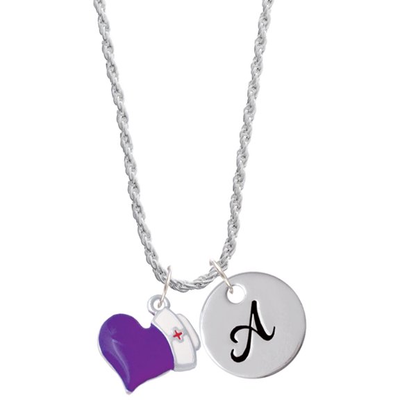 Delight Jewelry Silvertone Purple Heart with Nurse Hat Silvertone Script Initial Disc - A - Charm Necklace, 20" 3"