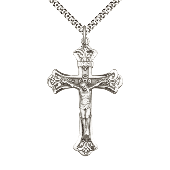 Womens Large Cross Pewter Crucifix Medal Pendant on 18 inch Rhodium Plated Heavy Curb Brass Chain with Lobster Claw Clasp, Catholic Religious Necklace -Made in USA- Deluxe Velvet Gift Box
