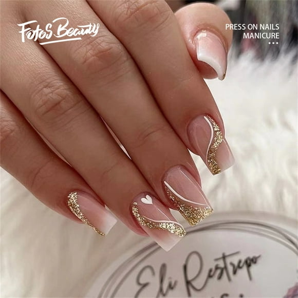 Fofosbeauty 24pcs Press on False Nails,Acrylic Nails for New Year Valentine's Gift,Coffin Gold Dust Love