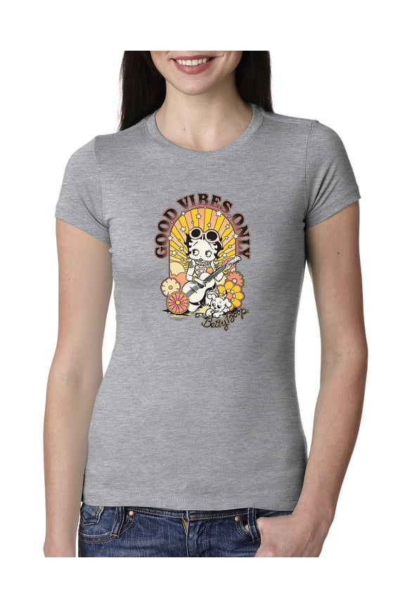 , Betty Boop Good Vibes Only Betty Boop Womens Slim Fit Junior Tee, Heather Grey, X-Large