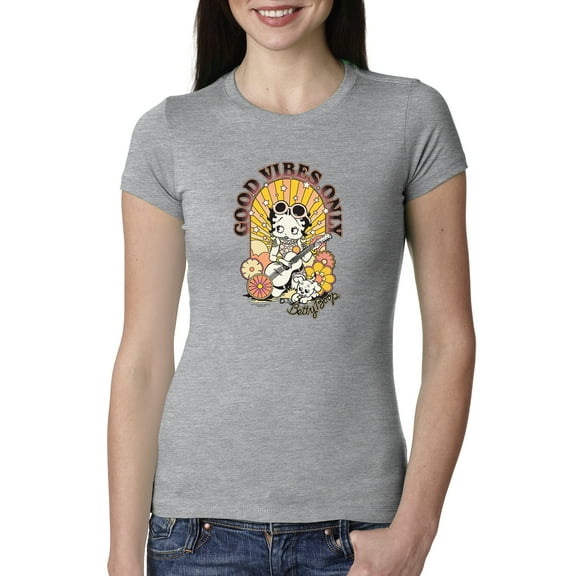Wild Bobby, Betty Boop Good Vibes Only Betty Boop Womens Slim Fit Junior Tee, Heather Grey, X-Large
