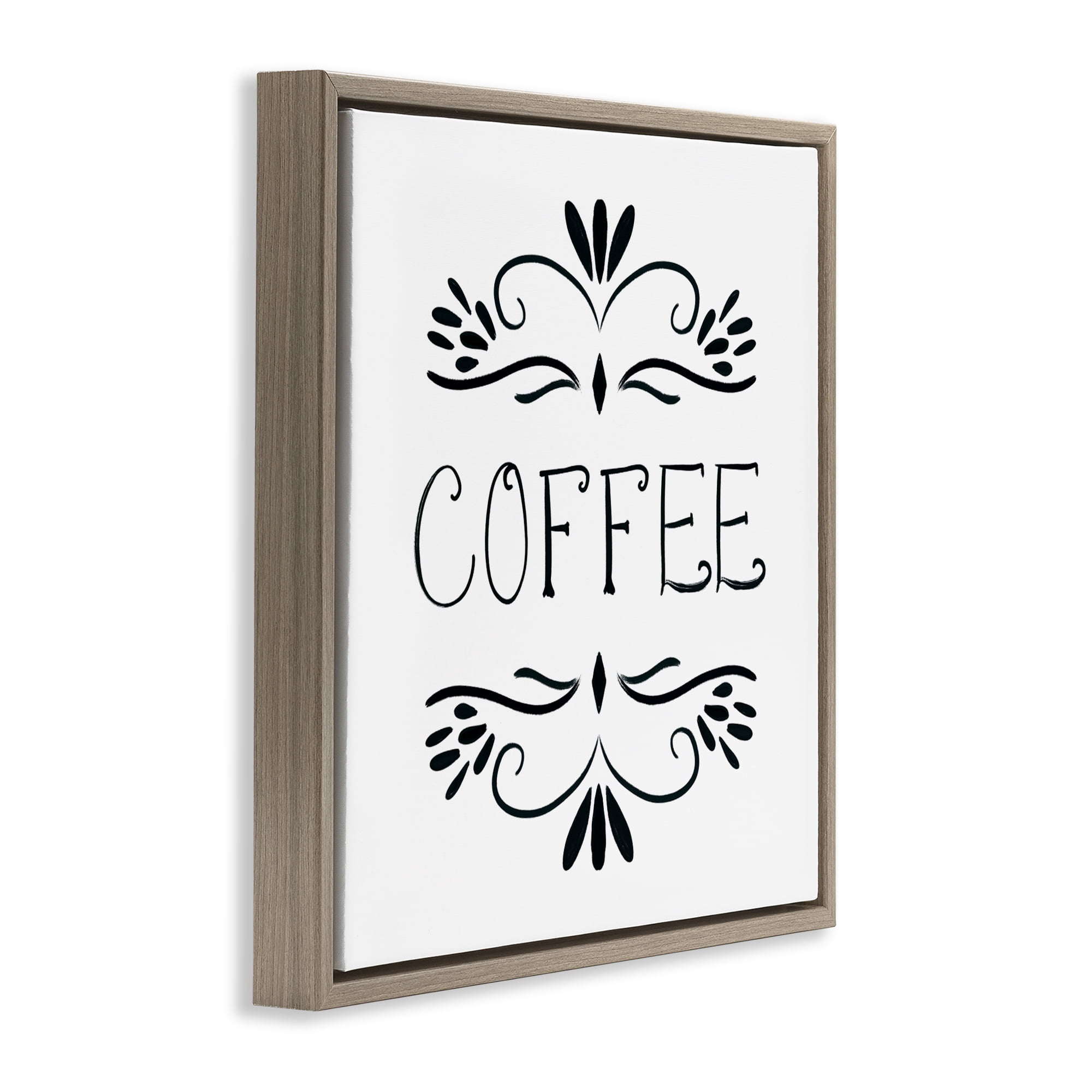 Stupell Industries Coffee with Floral Emblems Brown Framed Floater Canvas Wall Art, design by Lucille Price