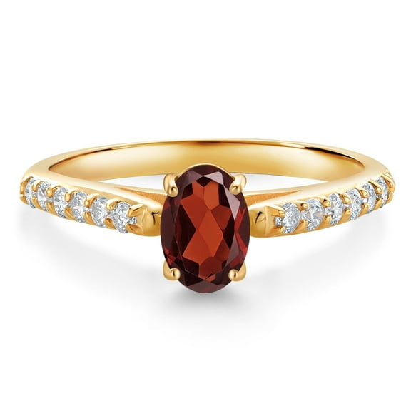 Gem Stone King 10K Yellow Gold Red Garnet and White Lab Grown Diamond Engagement Ring for Women (1.05 Cttw, Oval 7X5MM, Gemstone January Birthstone, Size 9)